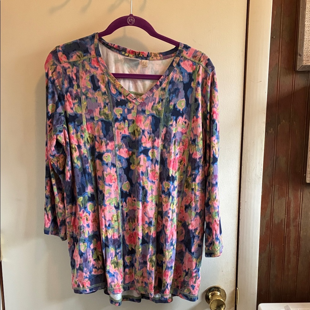 LOGO by Lori Goldstein Floral V-Neck Long Sleeve Top - Blue, Pink, Green